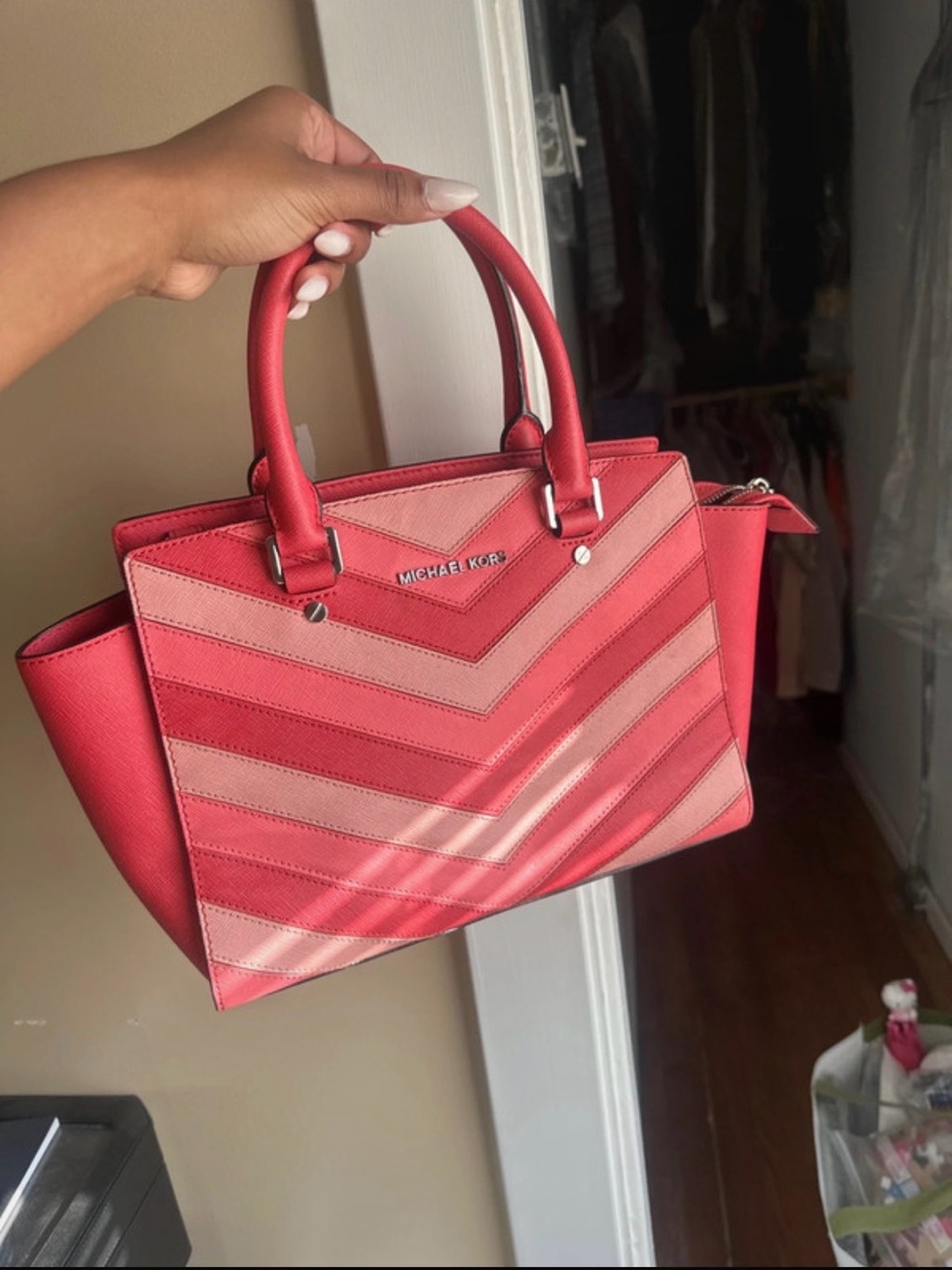 Michael Kors Pink Coral Chevron Leather Satchel
